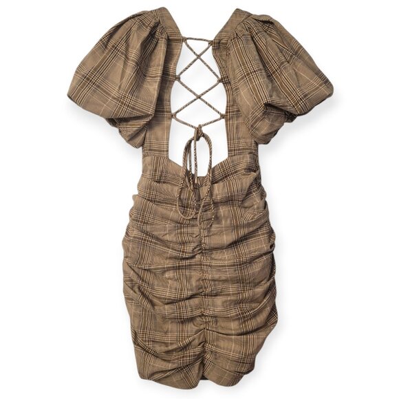 Revolve Majorelle tan plaid puff sleeve lace-up Darlene Mini Dress size S EUC - Picture 4 of 12